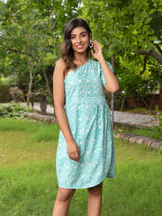 MULMUL CLAIRE BLOCK PRINTED ONE-SHOULDER DRESS