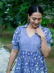 MULMUL ANAKA BLOCK PRINTED FLARED DRESS