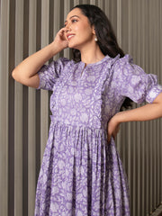 MULMUL PURPLE FLORAL JAAL BLOCK PRINTED DRESS