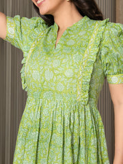 MULMUL GREEN FLORAL JAAL BLOCK PRINTED DRESS