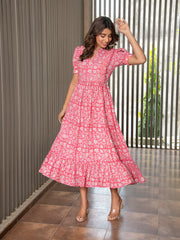 MULMUL PINK FLORAL JAAL BLOCK PRINTED DRESS