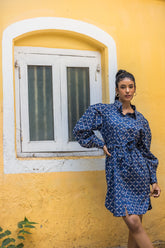 MULMUL MIDNIGHT SERENADE JAAL BLOCK PRINTED MIDI SHIRT DRESS