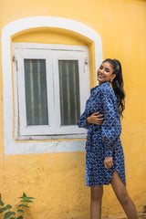 MULMUL MIDNIGHT SERENADE JAAL BLOCK PRINTED MIDI SHIRT DRESS