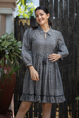 MULMUL TWILIGHT SERENADE BLOCK PRINTED GATHERED MIDI DRESS