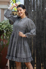 MULMUL TWILIGHT SERENADE BLOCK PRINTED GATHERED MIDI DRESS