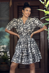 MULMUL NOCTURNAL ENCHANTMENT BLOCK PRINTED DRESS