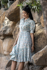 MULMUL BLOSSOM DELIGHT FLORAL BLOCK PRINTED MIDI DRESS