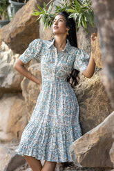 MULMUL BLOSSOM DELIGHT FLORAL BLOCK PRINTED MIDI DRESS