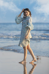 MULMUL MYSTIC BLOSSOMS BLOCK PRINTED MIDI SHIRT DRESS