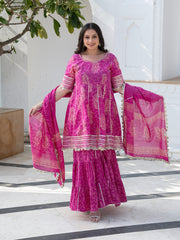 MULMUL DARMIKA PINK BLOCK PRINTED FLARED KURTA-SHARARA & DUPATTA SET
