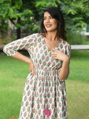 MULMUL BITHI FLORAL MOTIFS BLOCK PRINTED DRESS
