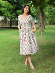 MULMUL BITHI FLORAL MOTIFS BLOCK PRINTED DRESS