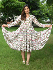 MULMUL GANIKA FLORAL MOTIFS BLOCK PRINTED TIERED DRESS