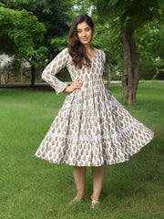 MULMUL GANIKA FLORAL MOTIFS BLOCK PRINTED TIERED DRESS
