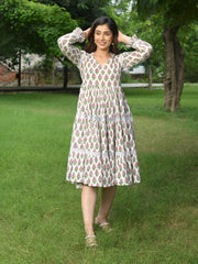 MULMUL GANIKA FLORAL MOTIFS BLOCK PRINTED TIERED DRESS