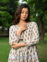 MULMUL GANIKA FLORAL MOTIFS BLOCK PRINTED TIERED DRESS