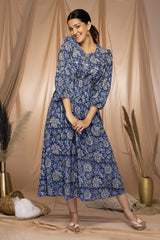 MULMUL AZURE BLOOMS FLORAL BLOCK PRINTED DRESS