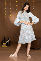 MULMUL MYSTIC BLOSSOMS BLOCK PRINTED MIDI SHIRT DRESS