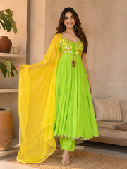 Yellow Green Mirror Work Suit Set