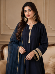 Black Cotton Suit Set with Organza Dupatta