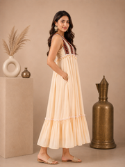 Beige Cotton Dress with Neck Detail