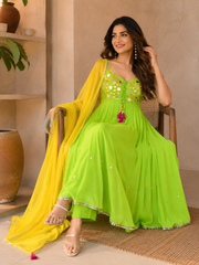 Yellow Green Mirror Work Suit Set