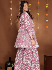 MULMUL WINE BLOSSOMS BLOCK PRINTED KURTA, SHARARA & JACKET SET