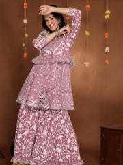 MULMUL WINE BLOSSOMS BLOCK PRINTED KURTA, SHARARA & JACKET SET