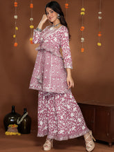 MULMUL WINE BLOSSOMS BLOCK PRINTED KURTA, SHARARA & JACKET SET