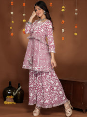MULMUL WINE BLOSSOMS BLOCK PRINTED KURTA, SHARARA & JACKET SET