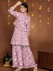MULMUL WINE BLOSSOMS BLOCK PRINTED KURTA, SHARARA & JACKET SET