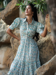 MULMUL BLOSSOM DELIGHT FLORAL BLOCK PRINTED MIDI DRESS