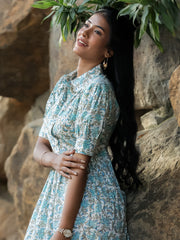 MULMUL BLOSSOM DELIGHT FLORAL BLOCK PRINTED MIDI DRESS