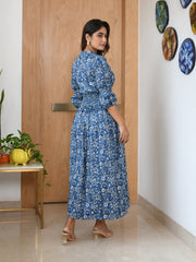 MULMUL INDIGO BLOSSOM BLOCK PRINTED COMFY DRESS