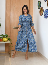 MULMUL INDIGO BLOSSOM BLOCK PRINTED COMFY DRESS