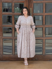 MULMUL PASTEL BROWN BLOSSOM BLOCK PRINTED COMFY DRESS