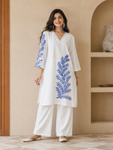 Bunai White Blue Embroidered Co-ord Set
