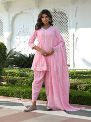 MULMUL GAZIA EMBROIDERED SHORT KURTA-DHOTI PANT & DUPATTA SET