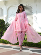 MULMUL GAZIA EMBROIDERED SHORT KURTA-DHOTI PANT & DUPATTA SET