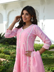 MULMUL GAZIA EMBROIDERED SHORT KURTA-DHOTI PANT & DUPATTA SET