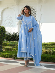 MULMUL NEO BLUE ANARKALI KURTA-PANT-JACKET & DUPATTA SET