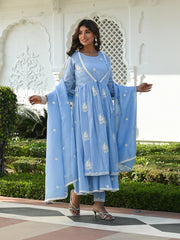 MULMUL NEO BLUE ANARKALI KURTA-PANT-JACKET & DUPATTA SET