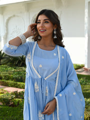 MULMUL NEO BLUE ANARKALI KURTA-PANT-JACKET & DUPATTA SET
