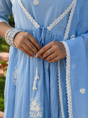 MULMUL NEO BLUE ANARKALI KURTA-PANT-JACKET & DUPATTA SET