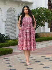 MULMUL NEITY FLORAL JAAL HAND BLOCK PRINTED MIDI DRESS