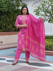 MULMUL ABHATI BLOCK PRINTED KURTA-PANTS & DUPATTA SET