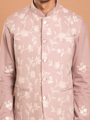 MULMUL BROWN COTTON EMBROIDERED KURTA-PANT-JACKET SET