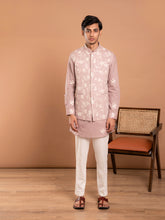 MULMUL BROWN COTTON EMBROIDERED KURTA-PANT-JACKET SET