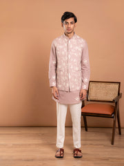 MULMUL BROWN COTTON EMBROIDERED KURTA-PANT-JACKET SET