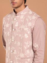 MULMUL BROWN COTTON EMBROIDERED KURTA-PANT-JACKET SET